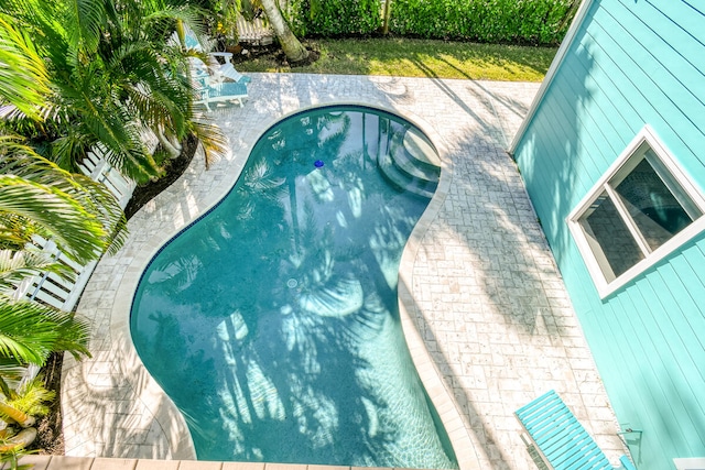 view of swimming pool featuring a patio area