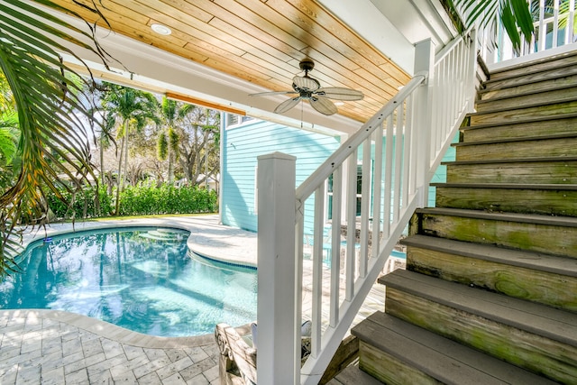 view of swimming pool with a patio and ceiling fan