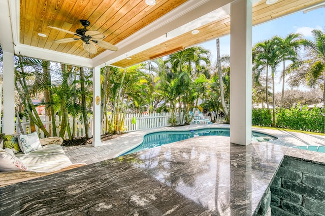 view of swimming pool featuring a patio area and ceiling fan