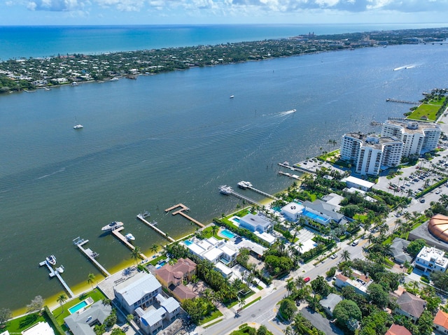 drone / aerial view with a water view