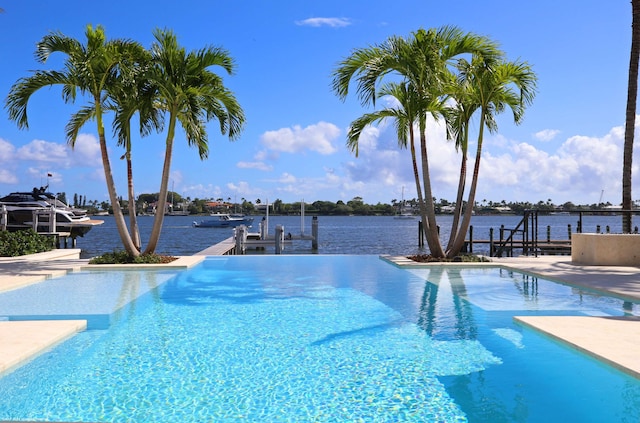 view of pool with a water view and a boat dock