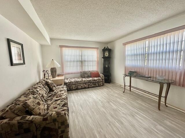 living room with wood-type flooring and a textured ceiling