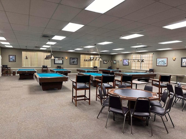 recreation room with a drop ceiling, carpet, and pool table