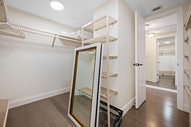 walk in closet with dark hardwood / wood-style flooring