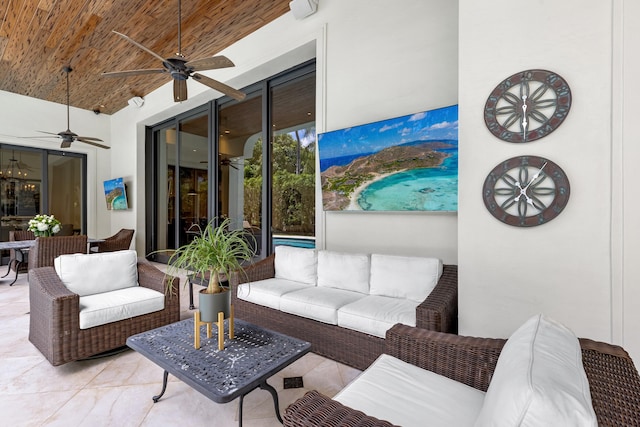 living room featuring high vaulted ceiling, ceiling fan, light tile floors, and wood ceiling