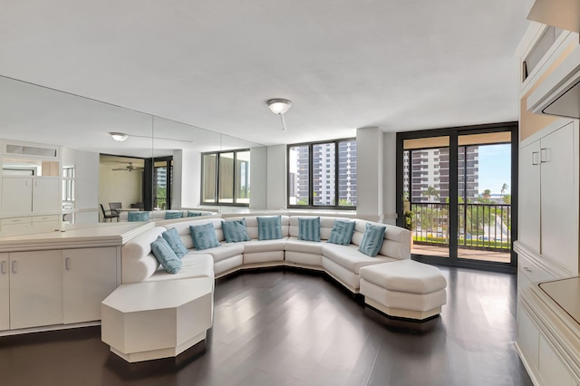 living room featuring a wealth of natural light, dark hardwood / wood-style flooring, and expansive windows