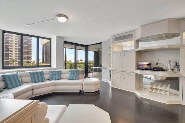 living room featuring dark hardwood / wood-style flooring and expansive windows