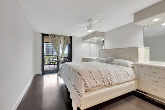 bedroom with access to outside, ceiling fan, and dark wood-type flooring