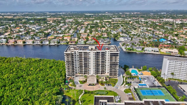 drone / aerial view featuring a water view