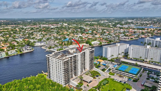 aerial view featuring a water view