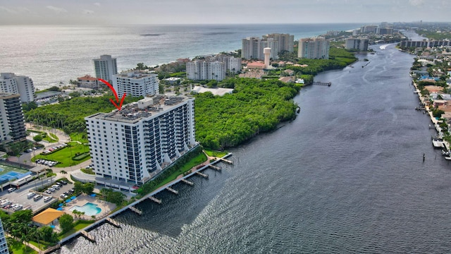 bird's eye view with a water view