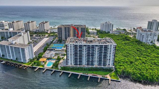 bird's eye view with a water view