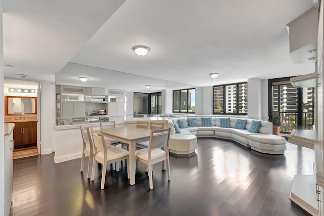 dining area with dark hardwood / wood-style flooring and sink