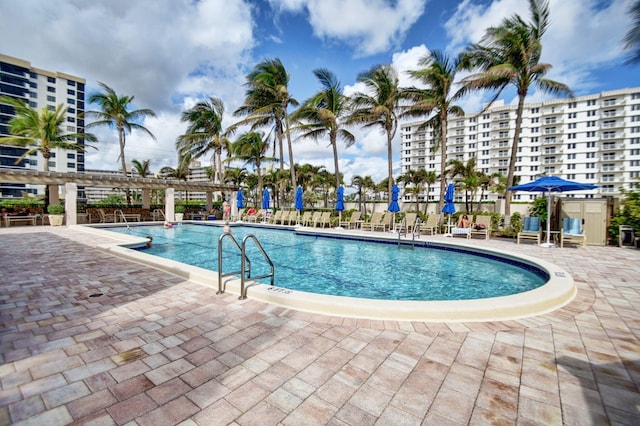 view of swimming pool with a patio