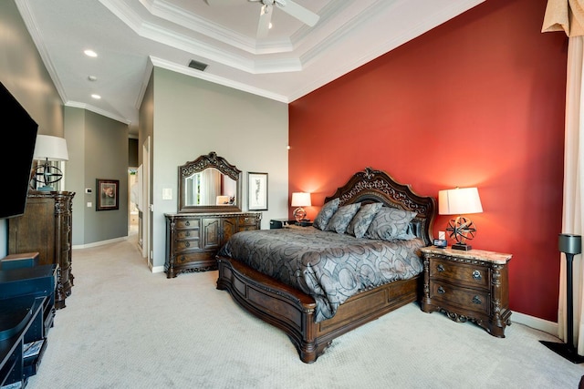 carpeted bedroom with ornamental molding, ceiling fan, and a high ceiling