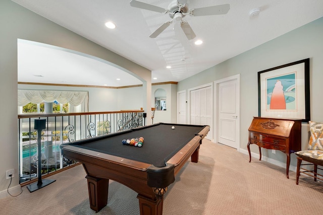 game room featuring light colored carpet, ceiling fan, and billiards