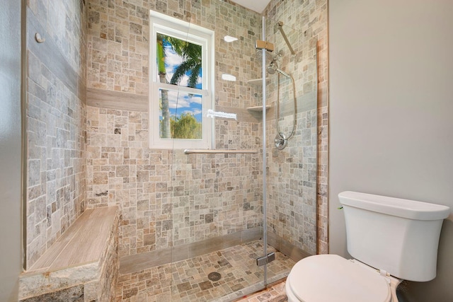 bathroom featuring toilet and a shower with door