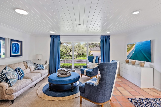 tiled living room featuring wood ceiling