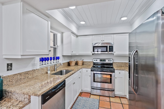 kitchen with appliances with stainless steel finishes, light stone countertops, white cabinetry, and sink