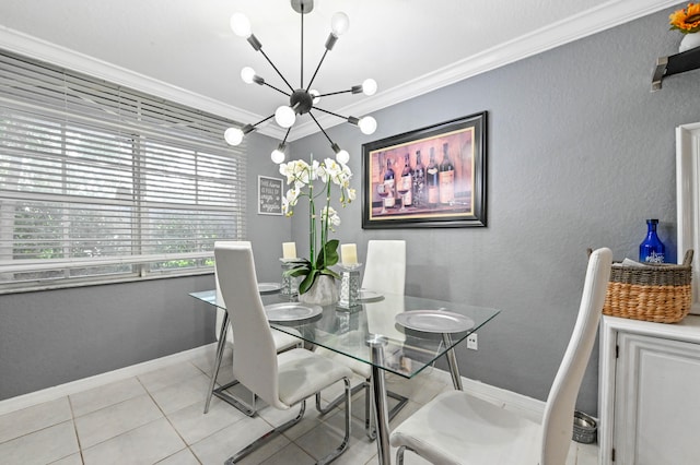 dining space featuring crown molding, a notable chandelier, and light tile patterned floors