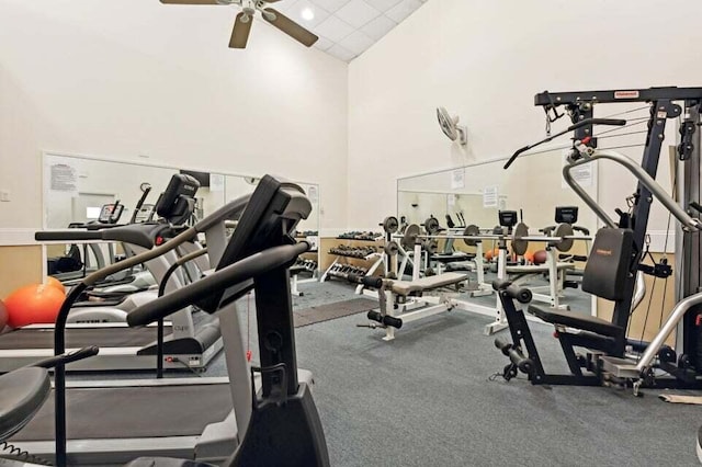 gym featuring lofted ceiling and ceiling fan