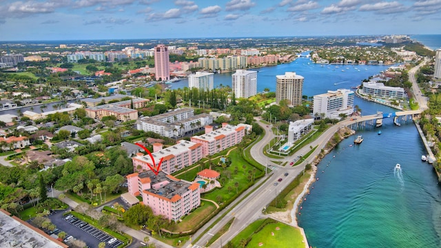 aerial view featuring a water view