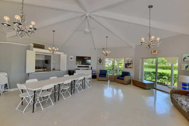 dining room with an inviting chandelier, high vaulted ceiling, and beamed ceiling