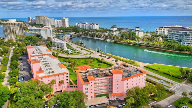 birds eye view of property featuring a water view