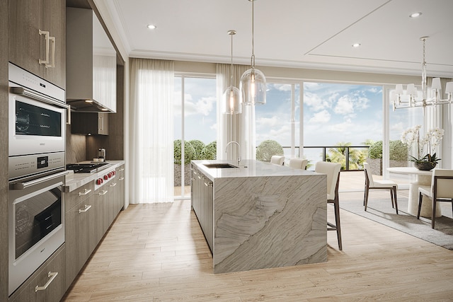 kitchen with sink, a wealth of natural light, light wood-type flooring, and a kitchen island with sink