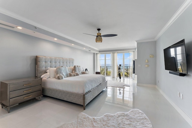 tiled bedroom featuring access to exterior, ceiling fan, and ornamental molding