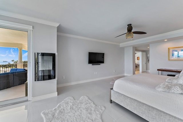 bedroom featuring ceiling fan, crown molding, and light tile patterned flooring