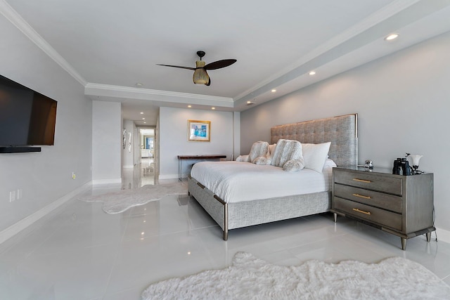 tiled bedroom featuring ceiling fan and ornamental molding