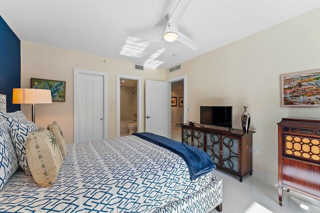 bedroom with ceiling fan and multiple windows