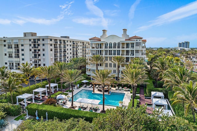 view of swimming pool featuring a patio area