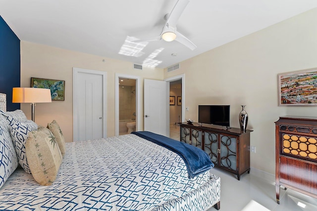 bedroom featuring connected bathroom and ceiling fan