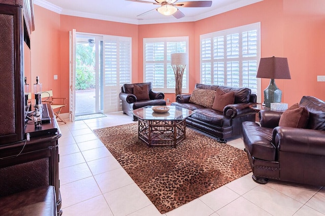 tiled living room featuring crown molding and ceiling fan