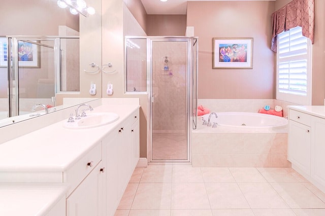 bathroom with vanity, separate shower and tub, and tile patterned floors