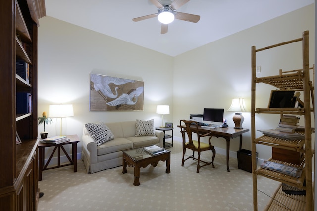 carpeted office with ceiling fan