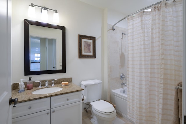 full bathroom featuring toilet, vanity, and shower / bathtub combination with curtain