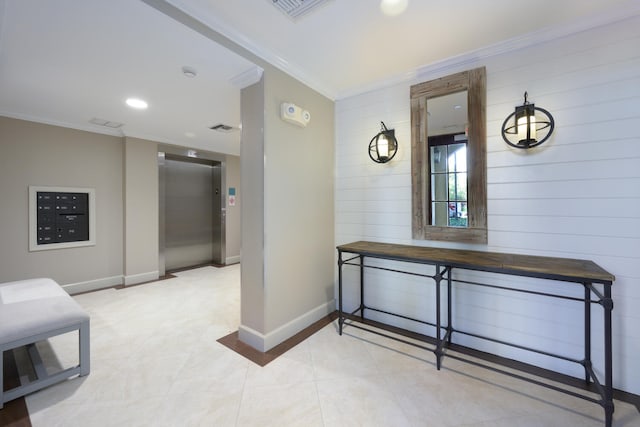 corridor featuring light tile patterned flooring, mail boxes, crown molding, and elevator