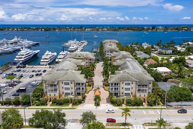 aerial view featuring a water view