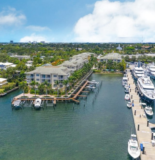 birds eye view of property featuring a water view