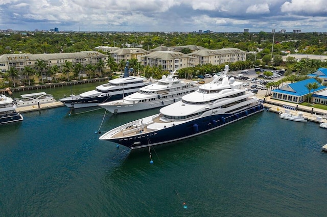 birds eye view of property featuring a water view