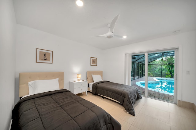 bedroom featuring access to outside, light tile patterned floors, and ceiling fan