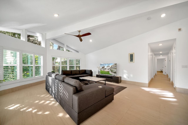 living room featuring high vaulted ceiling, ceiling fan, and beamed ceiling