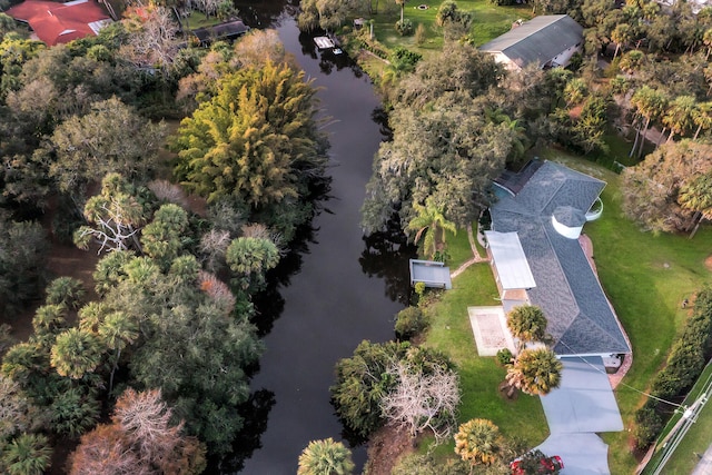 drone / aerial view featuring a water view