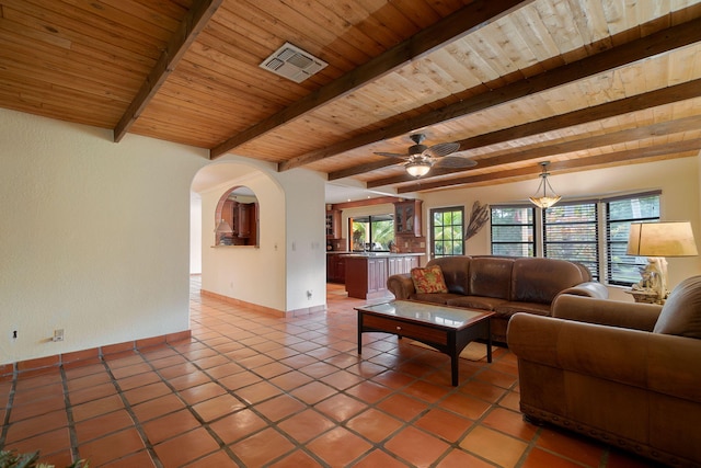 unfurnished living room featuring light tile patterned floors, baseboards, visible vents, beam ceiling, and wooden ceiling