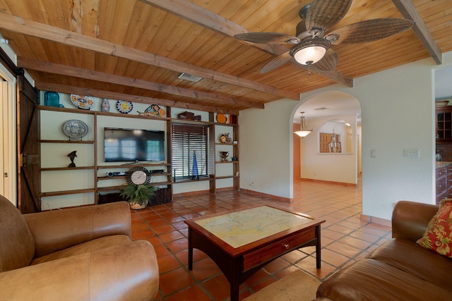 living room featuring beamed ceiling, tile patterned flooring, ceiling fan, and wooden ceiling