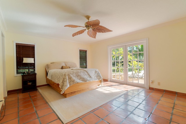 bedroom featuring ceiling fan, french doors, tile patterned flooring, crown molding, and access to outside