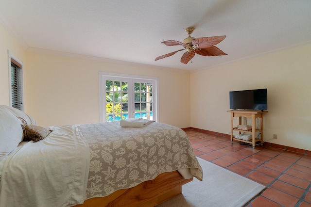 bedroom featuring tile patterned floors, ceiling fan, and crown molding